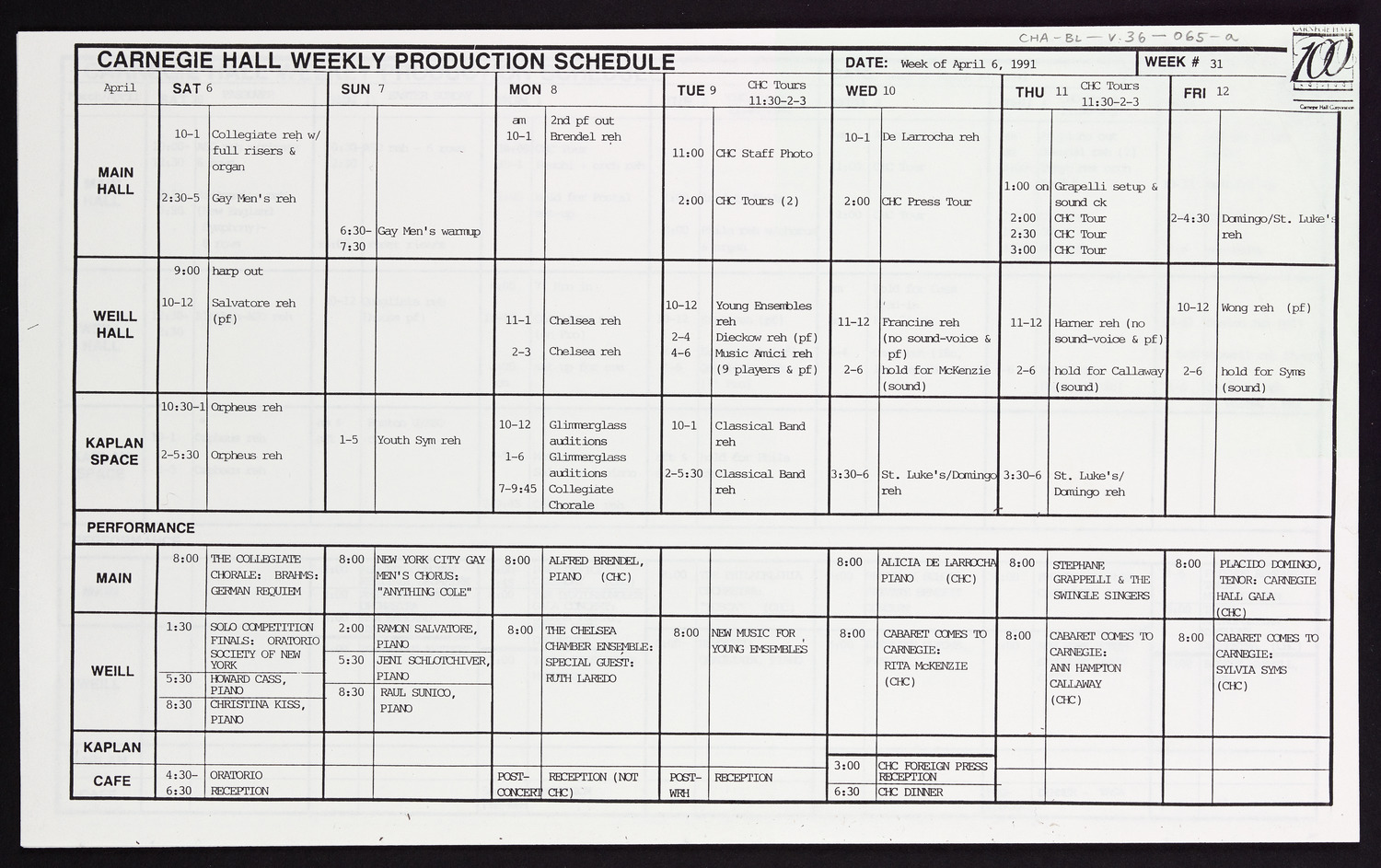 Carnegie Hall Booking Ledger, volume 36, page 65a