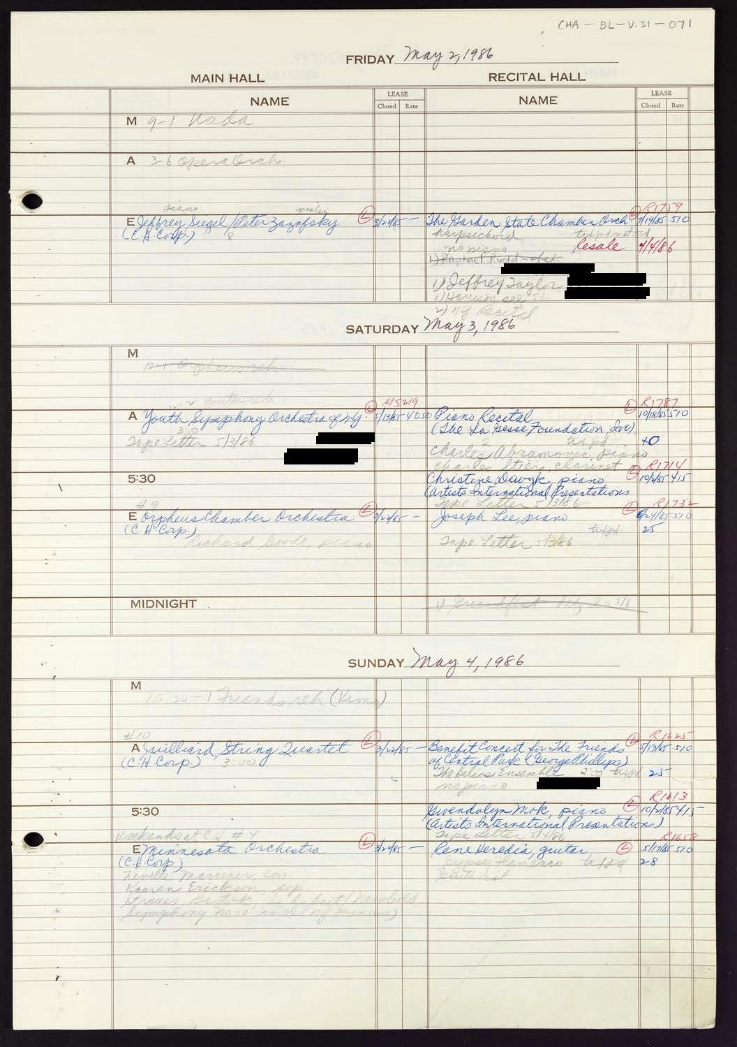 Carnegie Hall Booking Ledger, volume 31, page 71