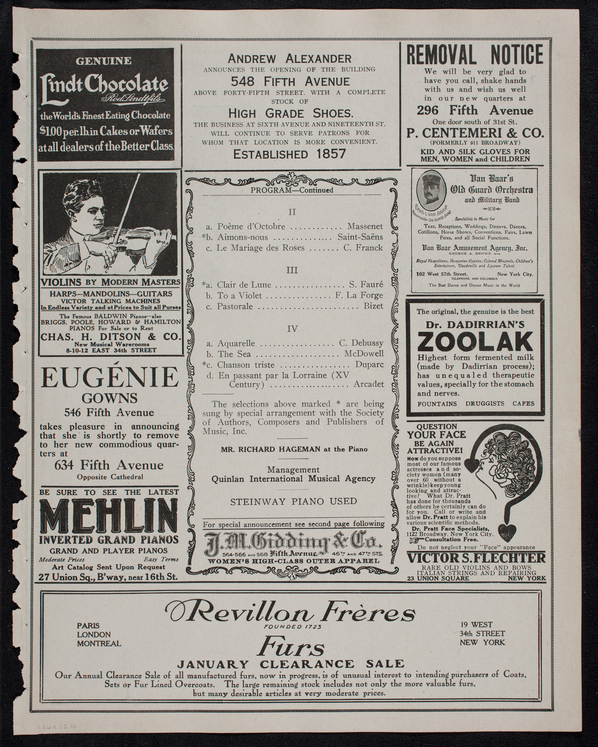 Edmond Clement, Tenor, January 16, 1912, program page 7