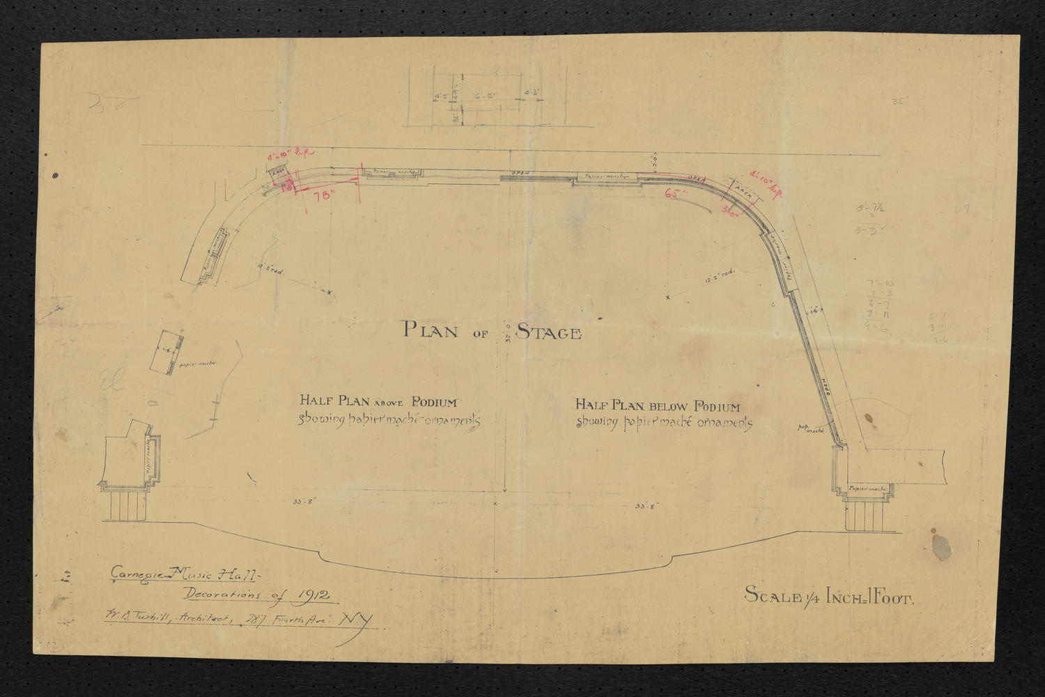 Plan of stage & Half plan above podium & Half plan below podium showing papier mache ornaments (with markings on front and back), 1912