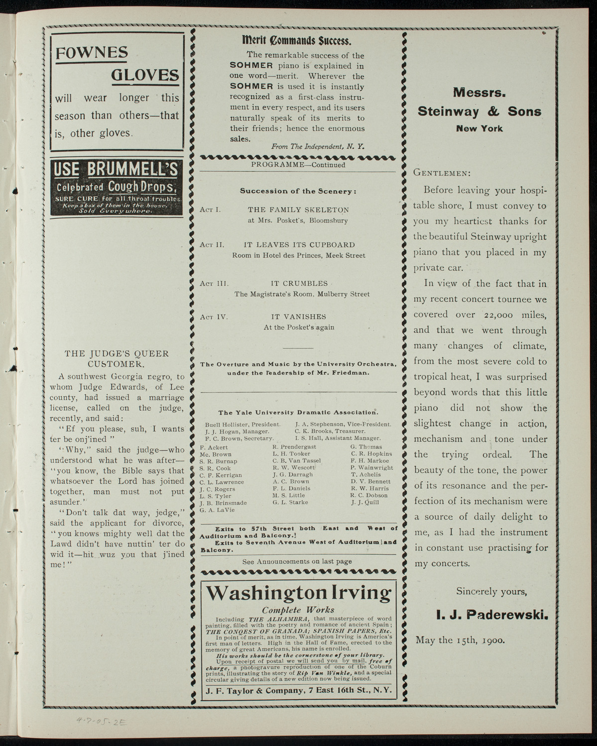 Yale Dramatic Company, April 7, 1905, program page 3