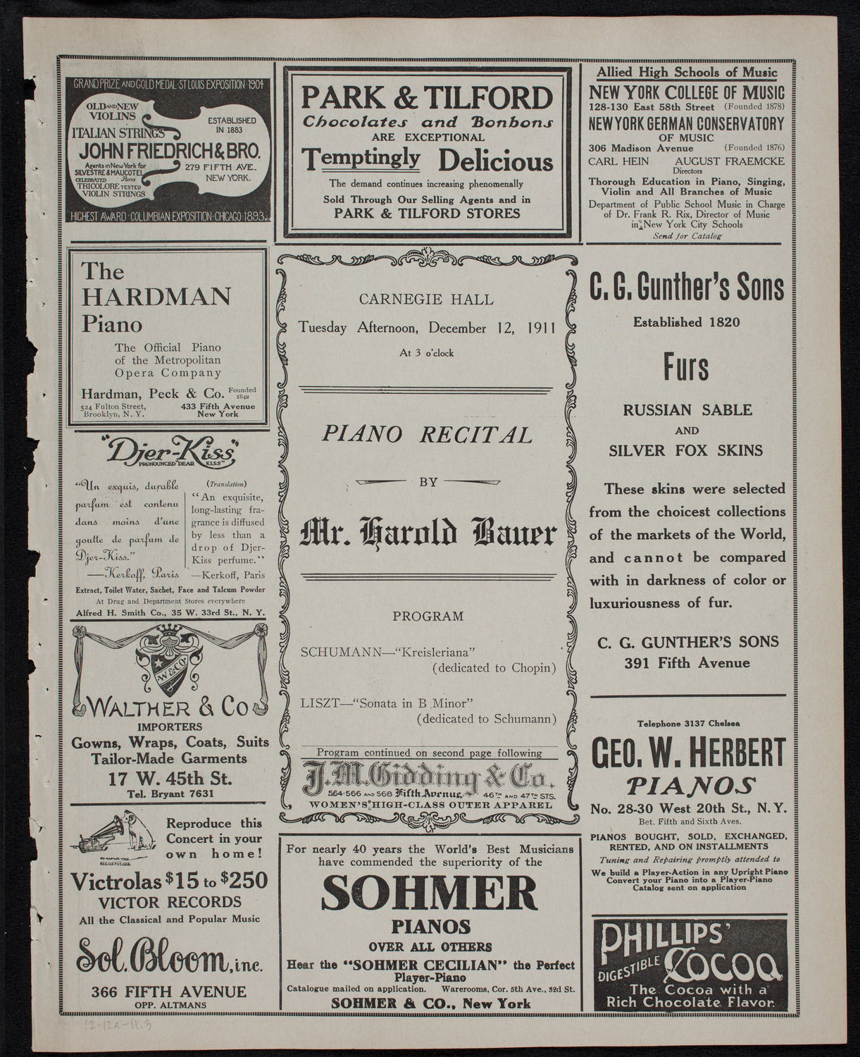 Harold Bauer, Piano, December 12, 1911, program page 5