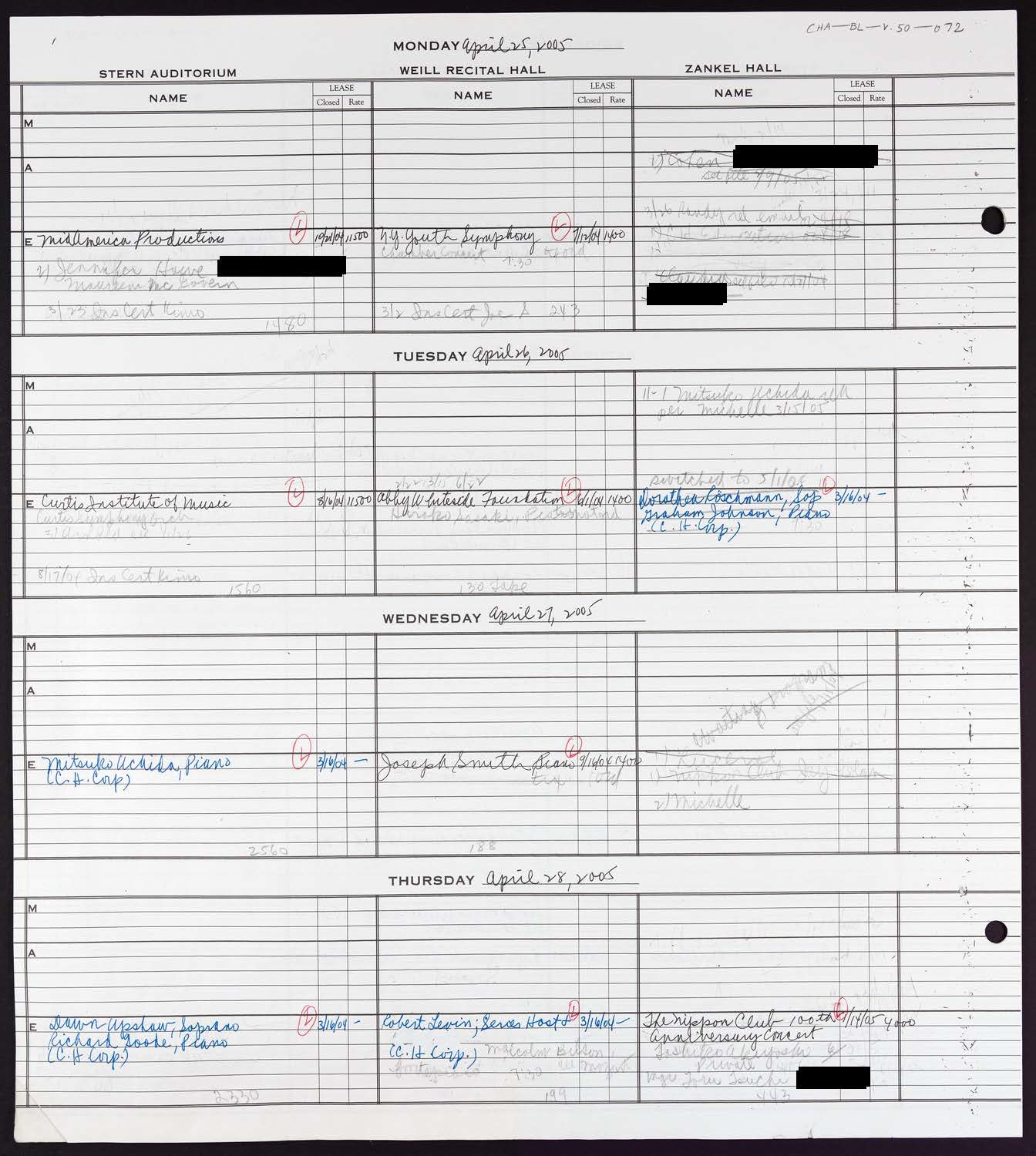 Carnegie Hall Booking Ledger, volume 50, page 72