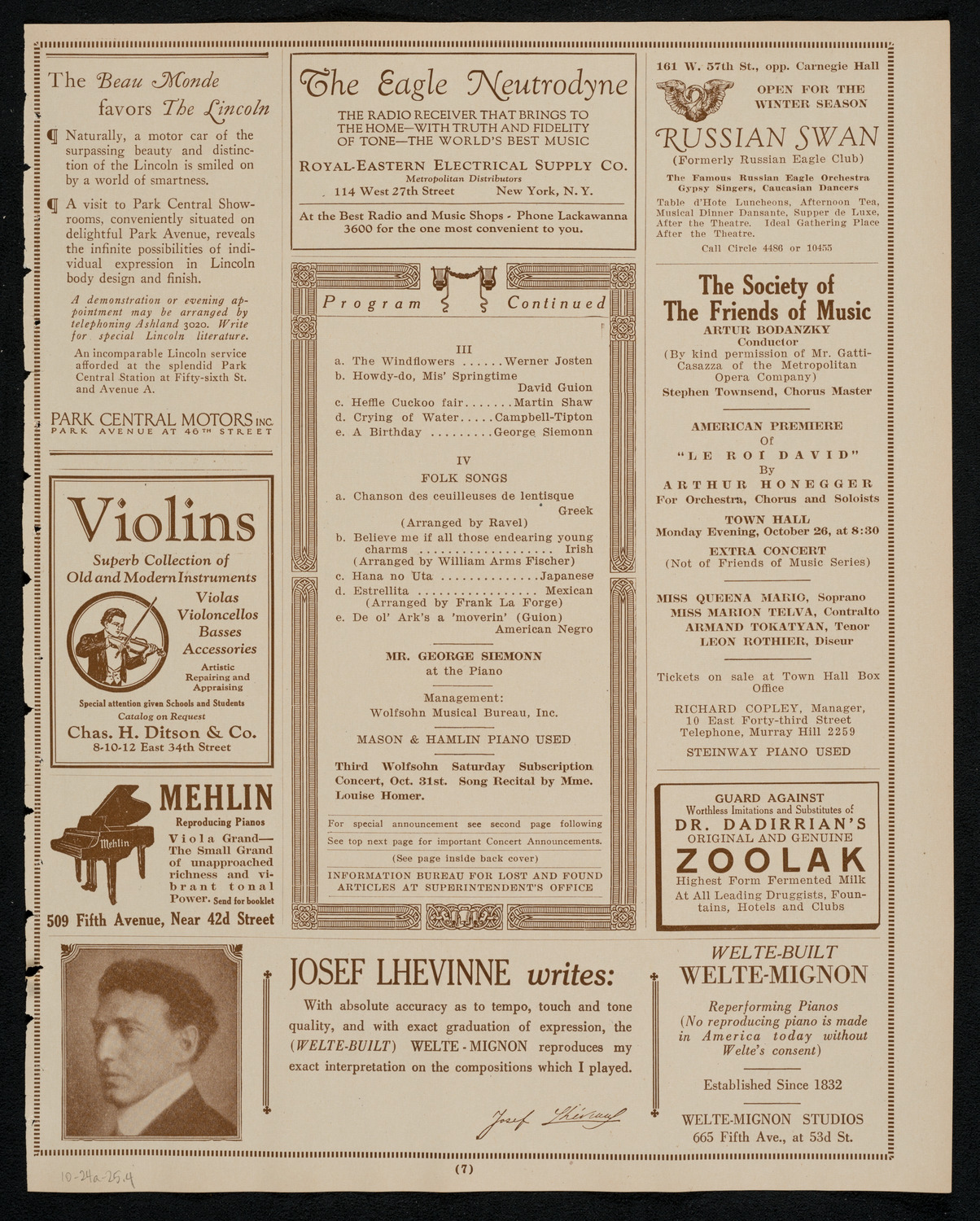 Mabel Garrison, Soprano, October 24, 1925, program page 7