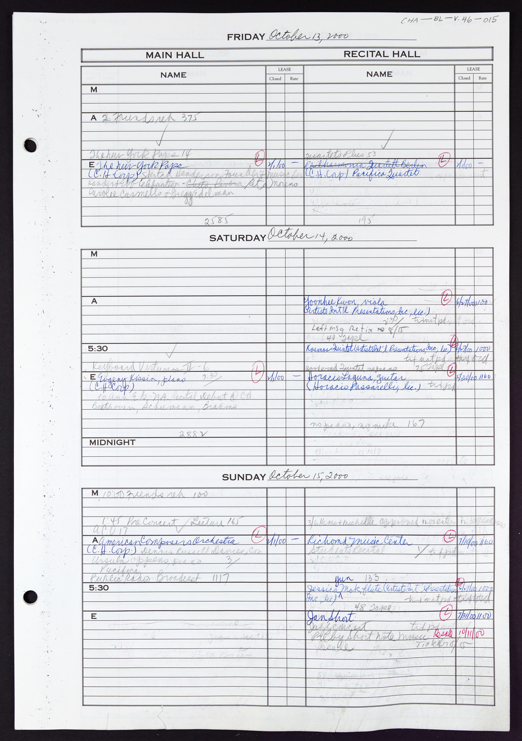 Carnegie Hall Booking Ledger, volume 46, page 15