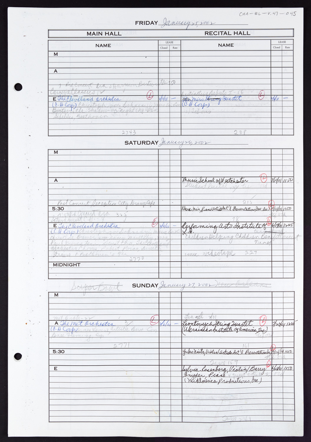 Carnegie Hall Booking Ledger, volume 47, page 45