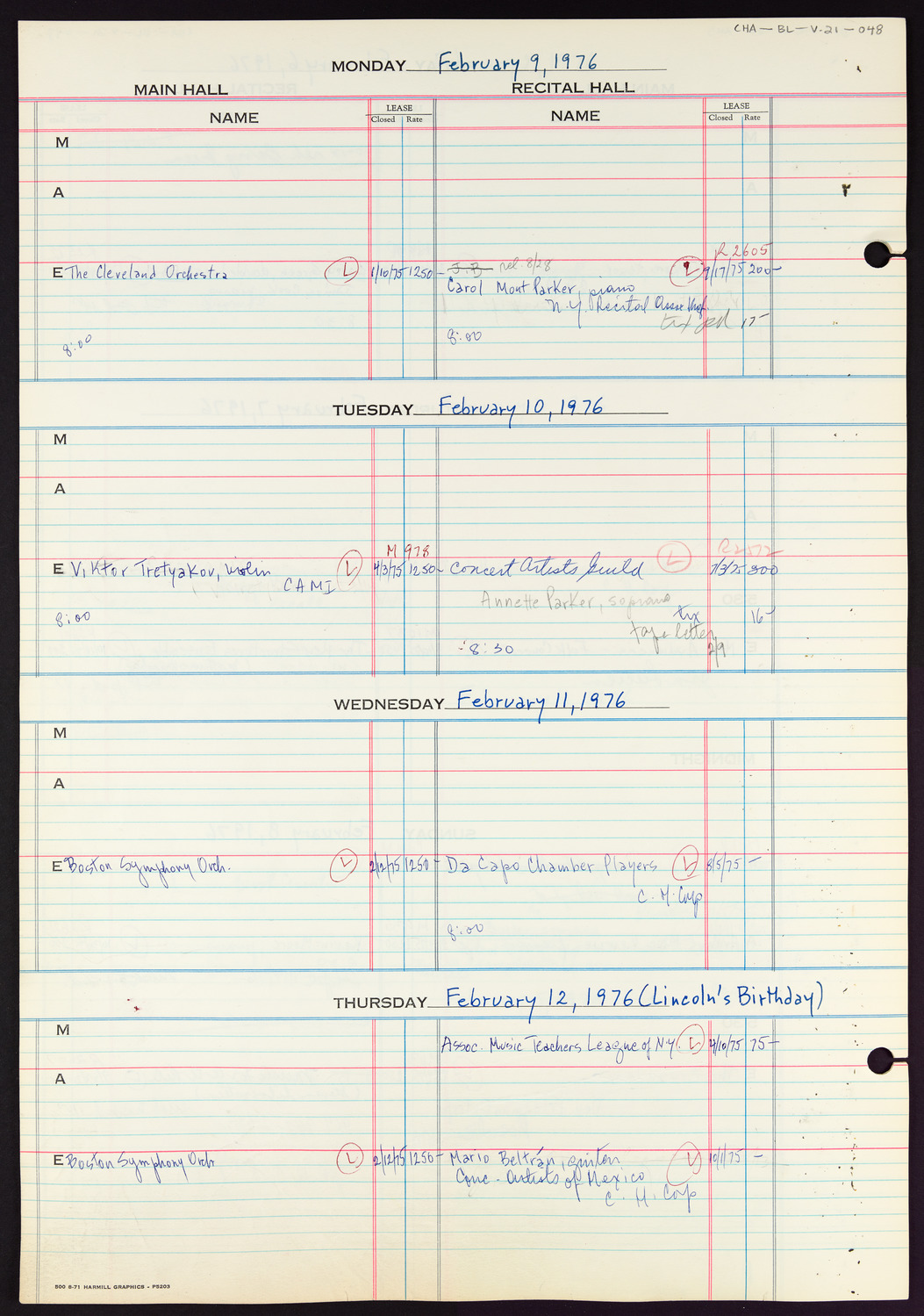 Carnegie Hall Booking Ledger, volume 21, page 48