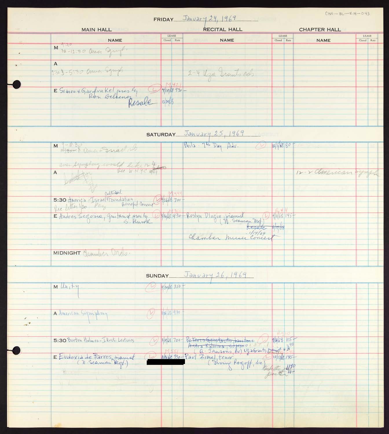 Carnegie Hall Booking Ledger, volume 14, page 43