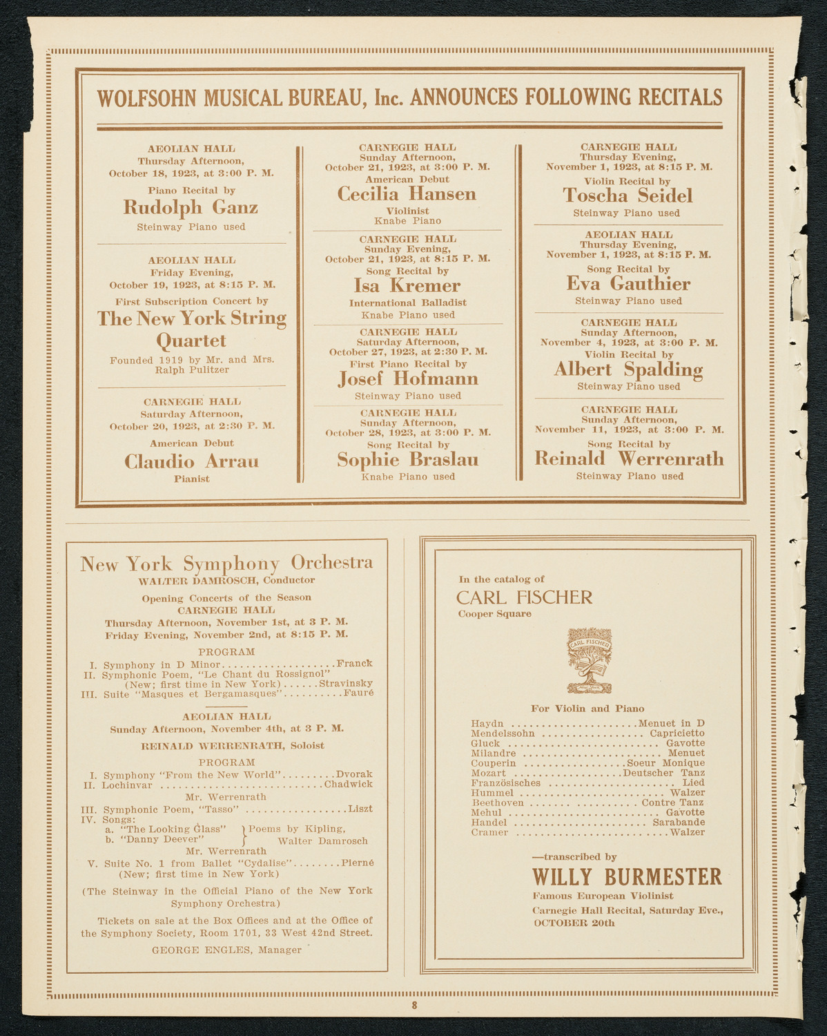 Alexander Borovsky, Piano, October 17, 1923, program page 8