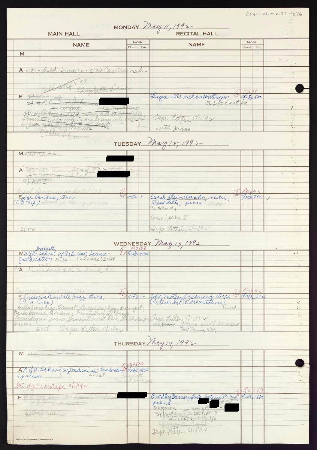 Carnegie Hall Booking Ledger, volume 37, page 76