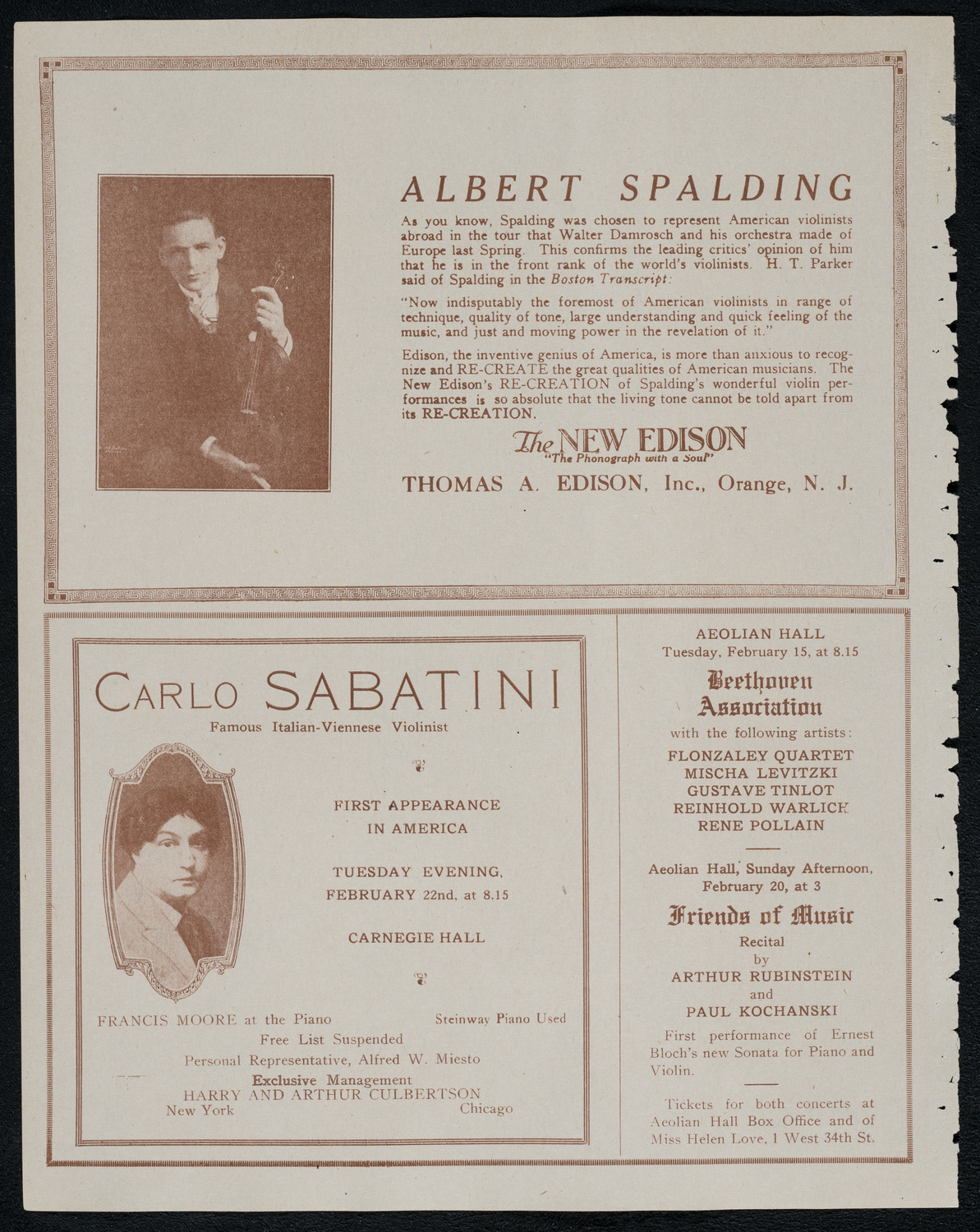 Fritz Kreisler, Violin, February 15, 1921, program page 2