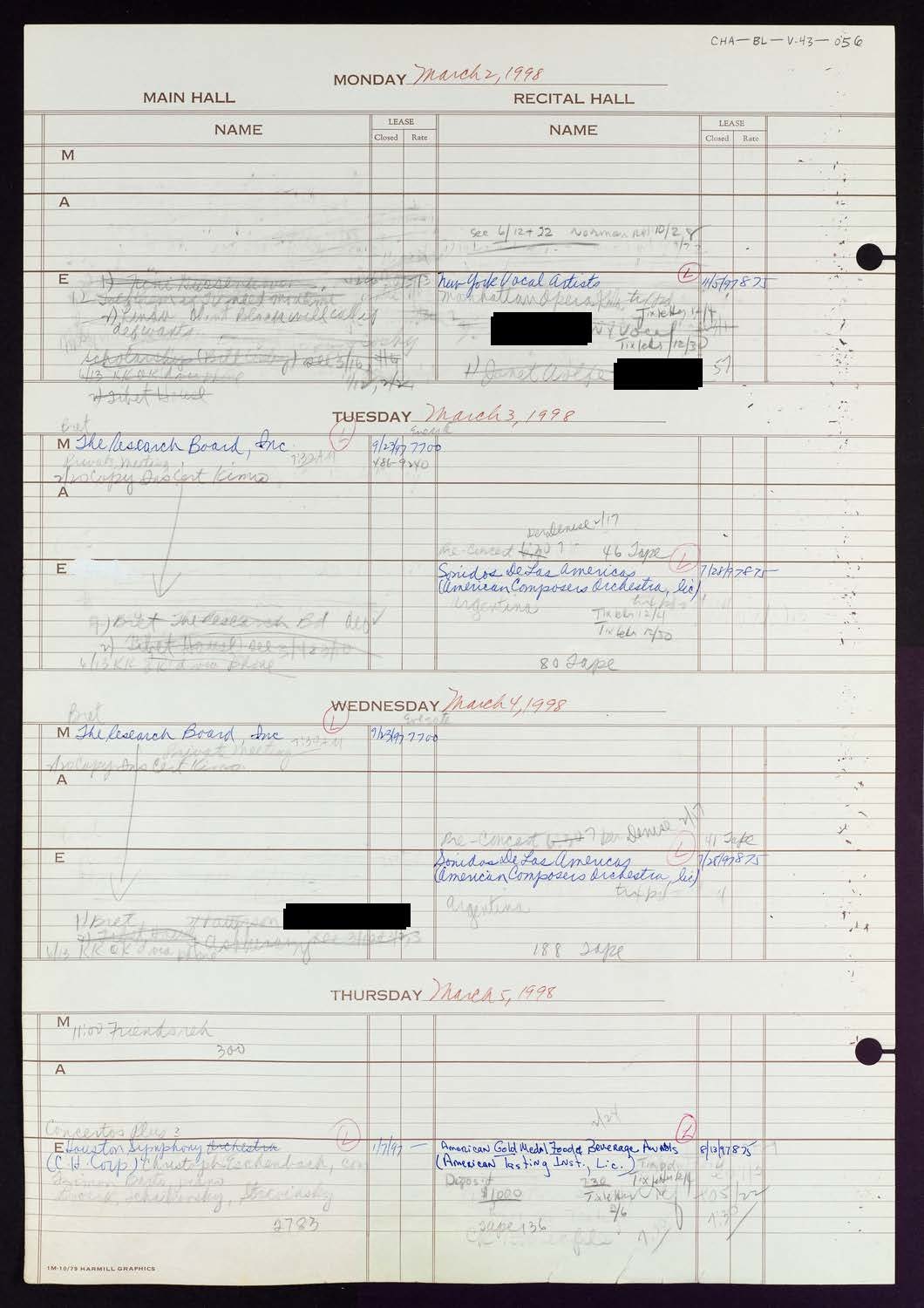 Carnegie Hall Booking Ledger, volume 43, page 56