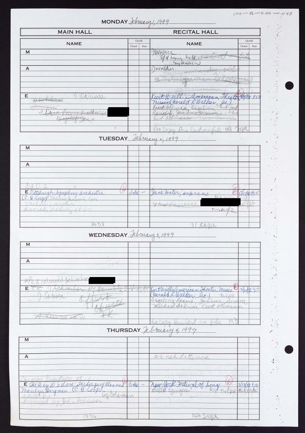 Carnegie Hall Booking Ledger, volume 44, page 48