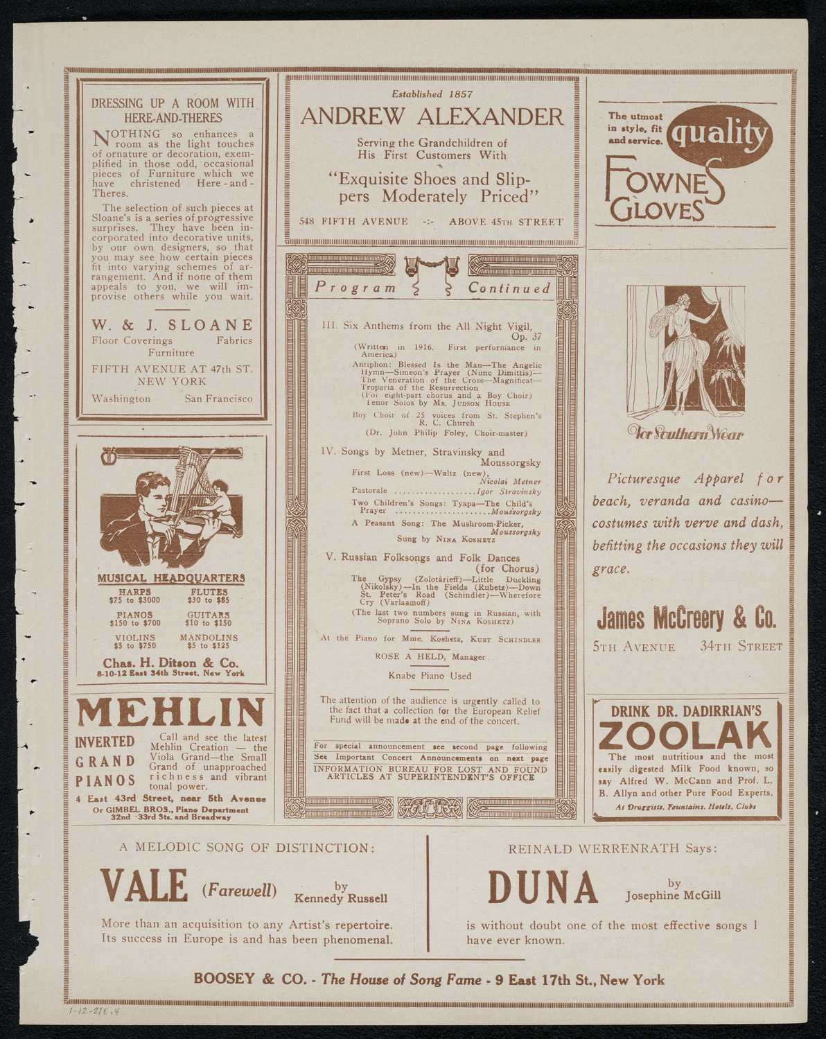 Schola Cantorum of New York, January 12, 1921, program page 7