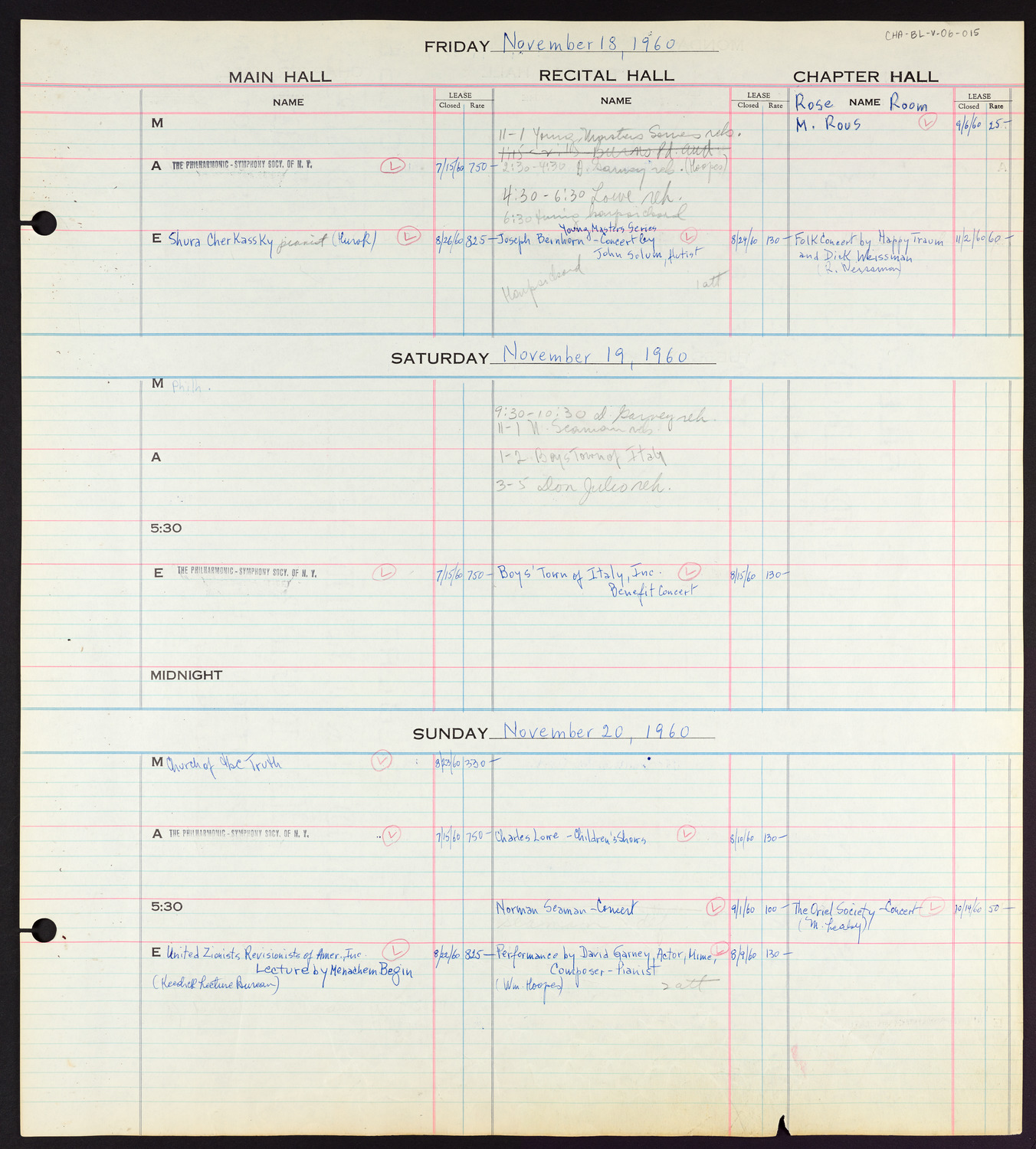 Carnegie Hall Booking Ledger, volume 6, page 15