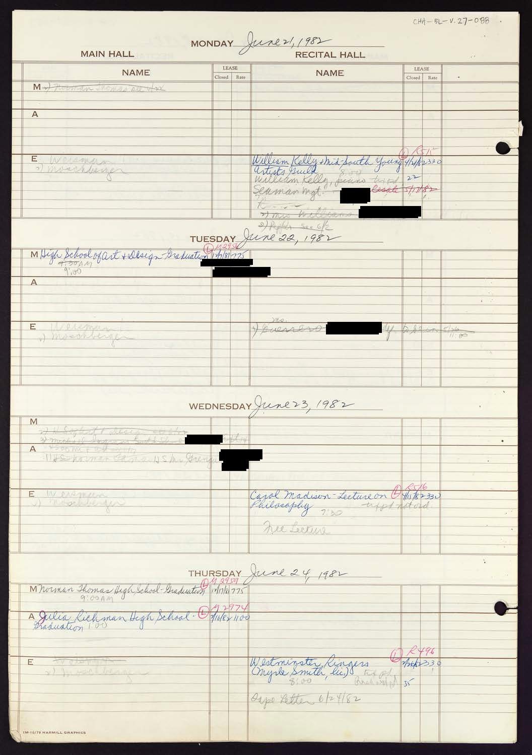 Carnegie Hall Booking Ledger, volume 27, page 88