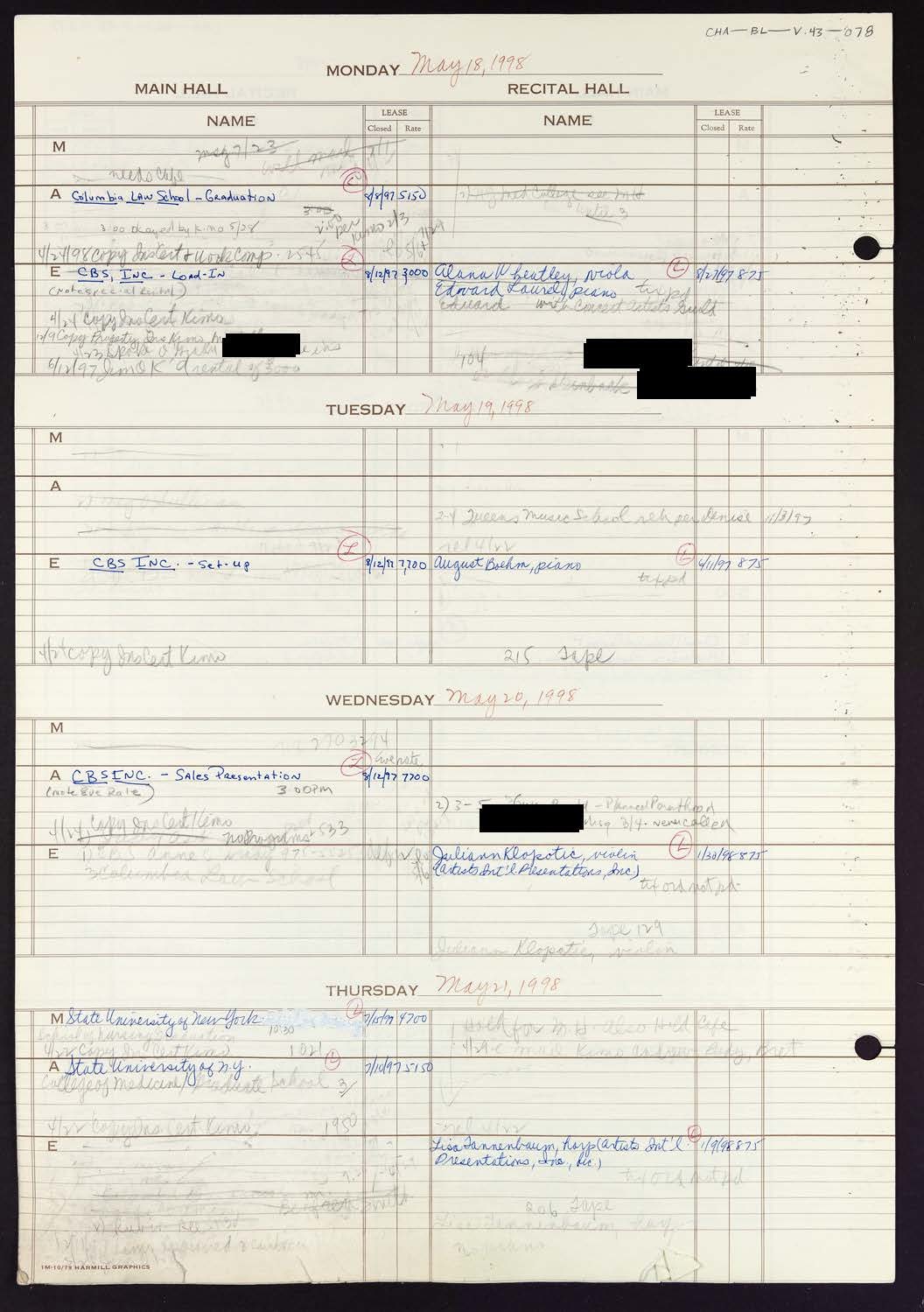 Carnegie Hall Booking Ledger, volume 43, page 78