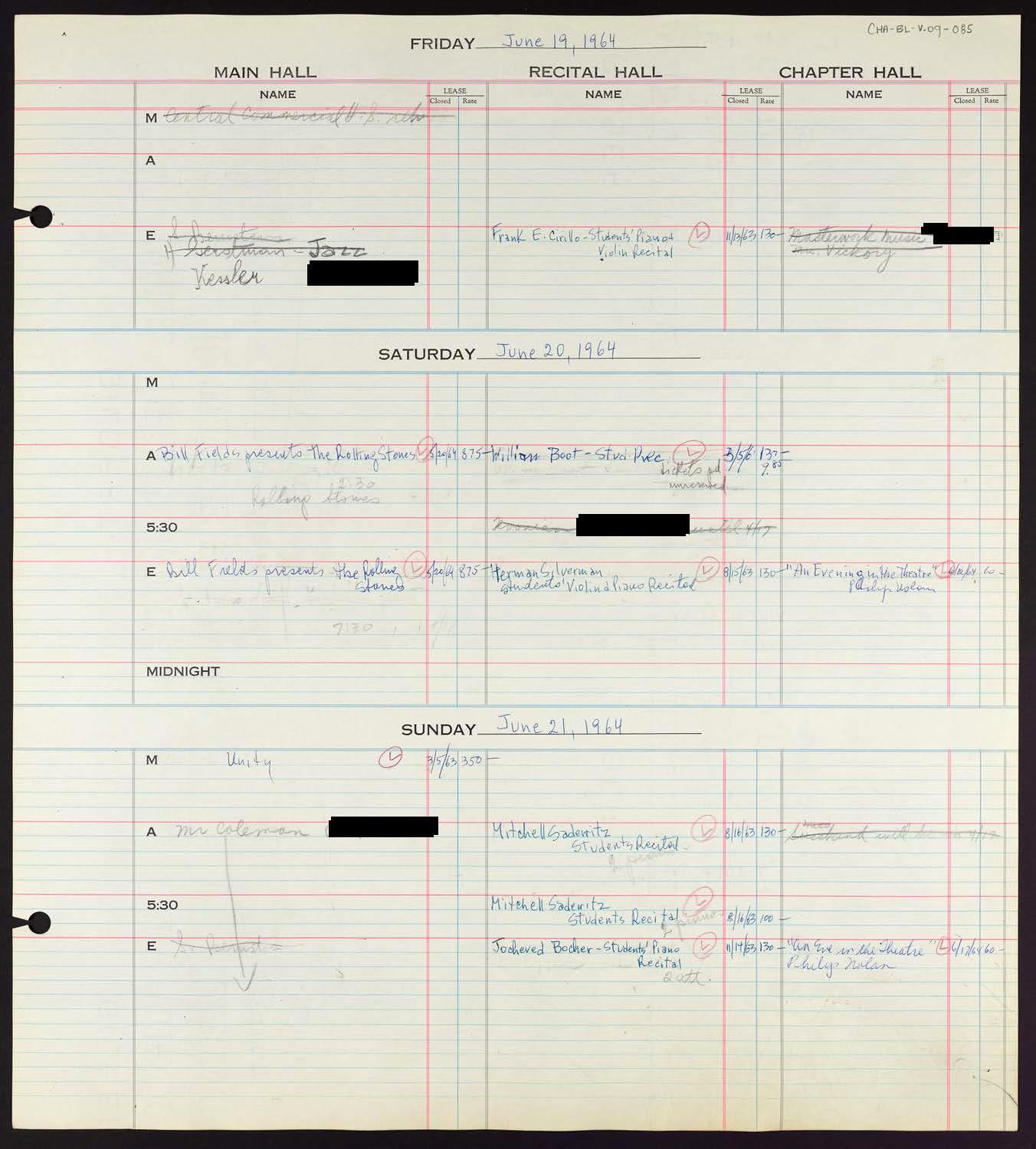 Carnegie Hall Booking Ledger, volume 9, page 85