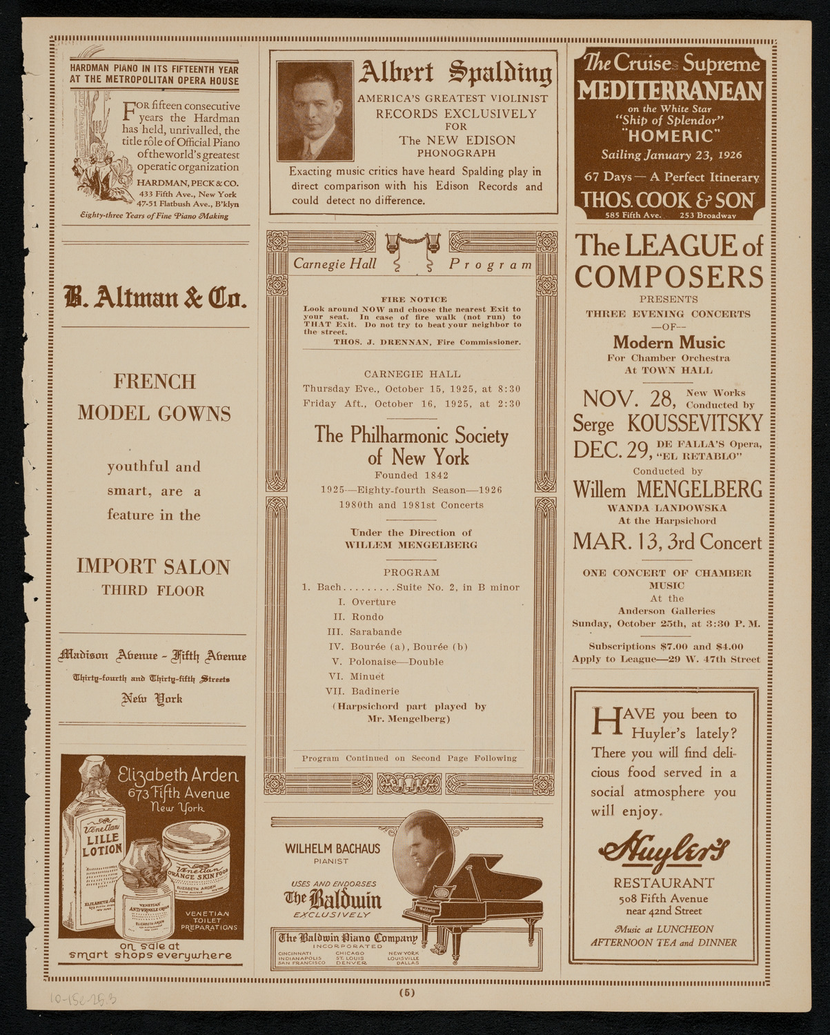 New York Philharmonic, October 15, 1925, program page 5