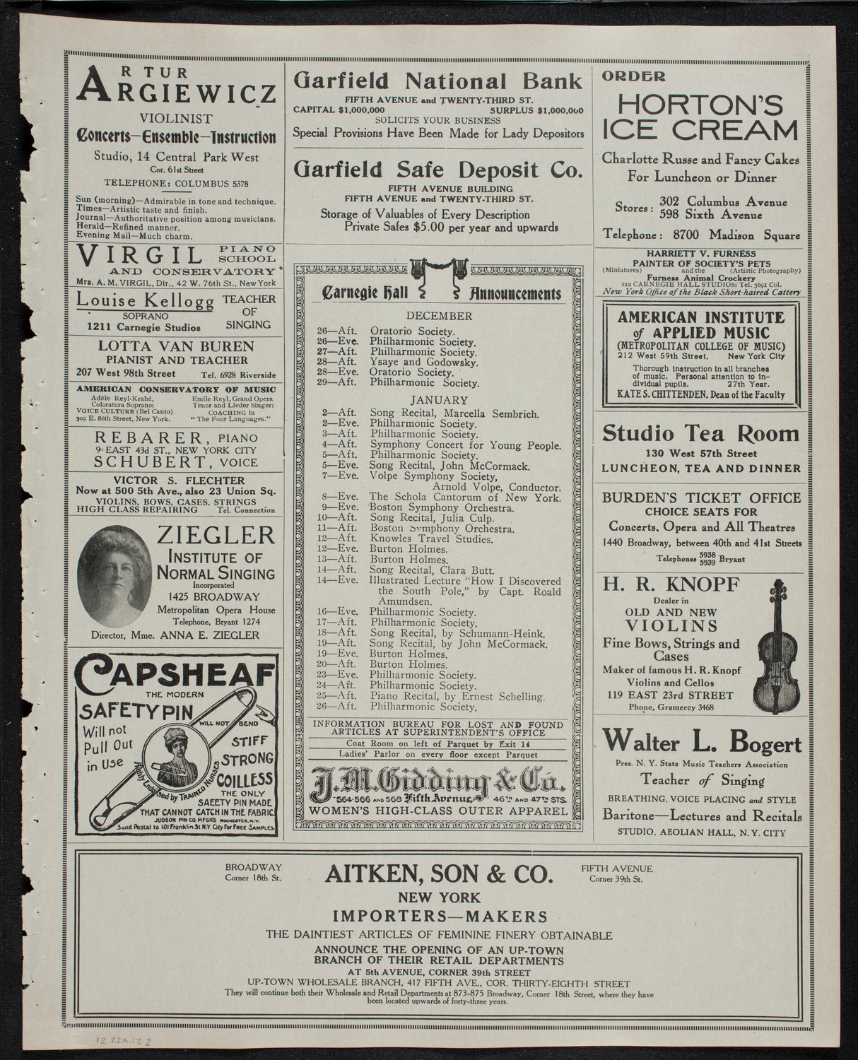 New York Philharmonic, December 22, 1912, program page 3