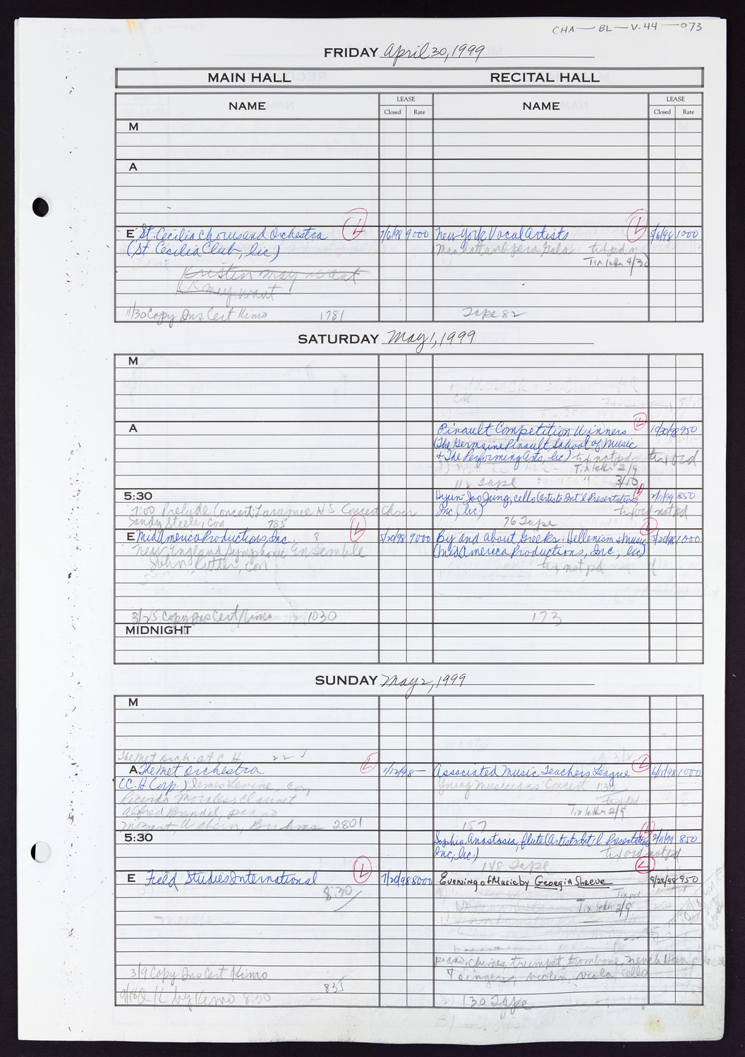 Carnegie Hall Booking Ledger, volume 44, page 73