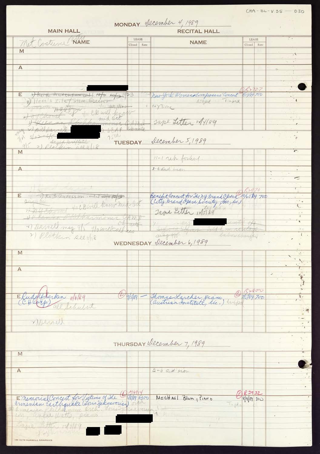 Carnegie Hall Booking Ledger, volume 35, page 30