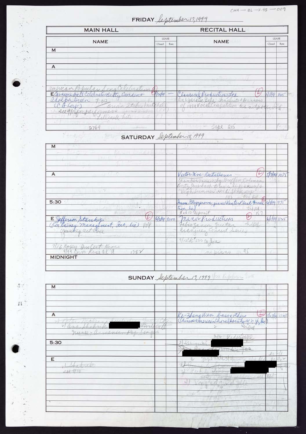 Carnegie Hall Booking Ledger, volume 45, page 9