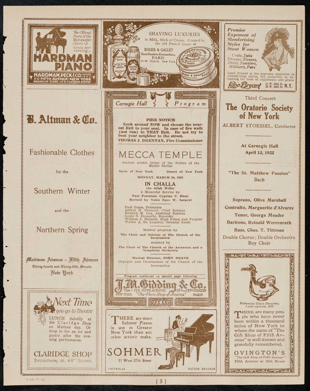 Mecca Temple of New York: Ancient Arabic Order of the Nobles of the Mystic Shrine, March 20, 1922, program page 5