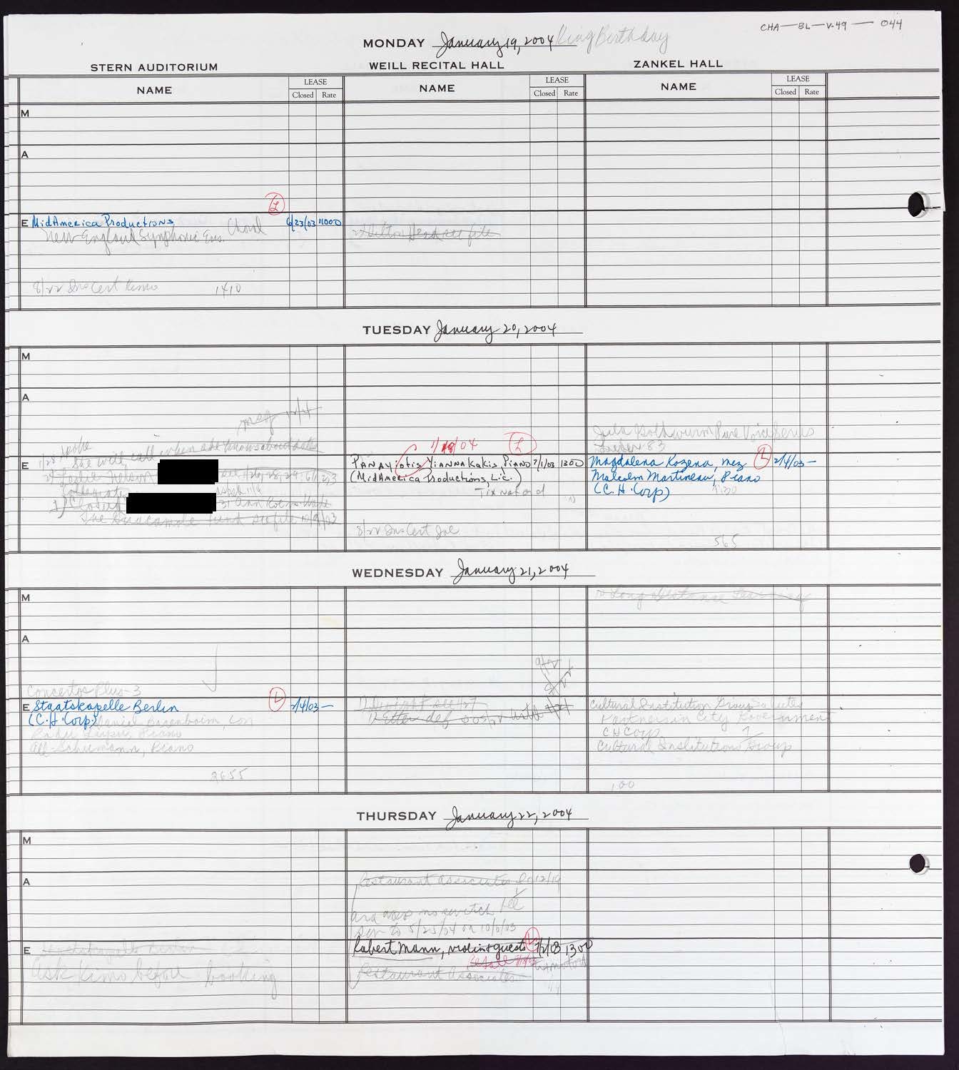 Carnegie Hall Booking Ledger, volume 49, page 44