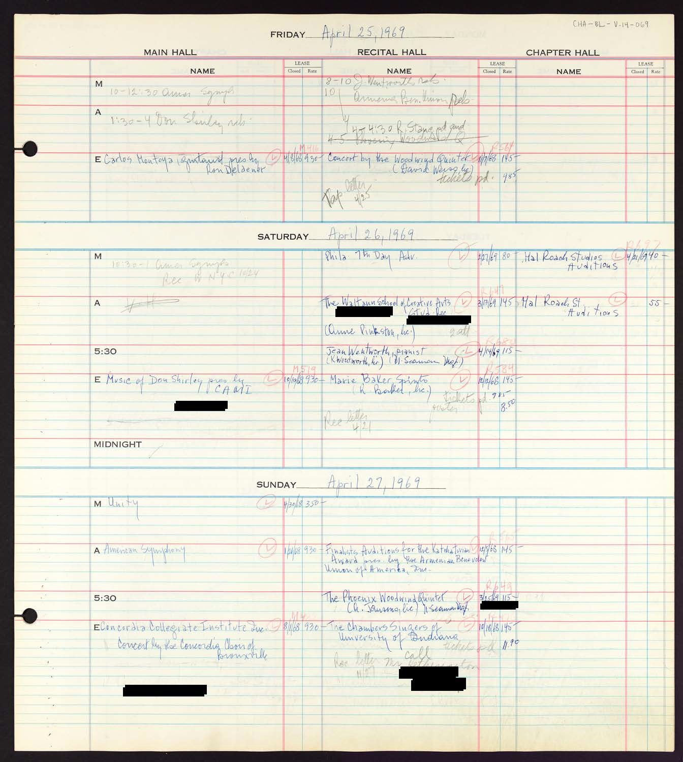 Carnegie Hall Booking Ledger, volume 14, page 69