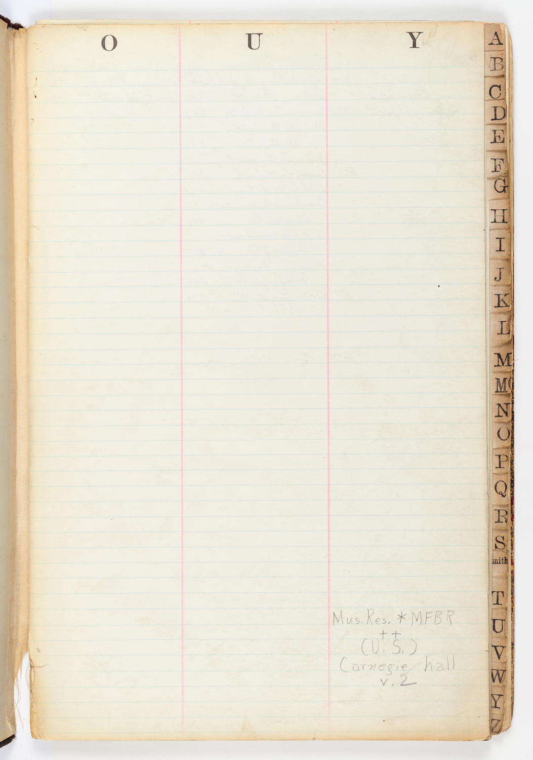 Music Hall Account Ledger Index, volume 2, page 1