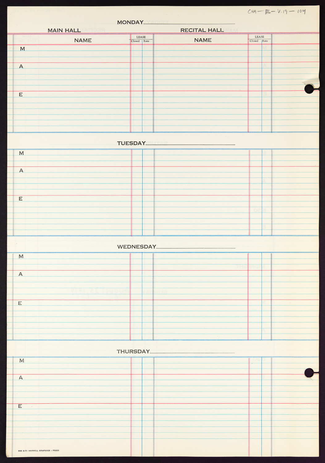 Carnegie Hall Booking Ledger, volume 19, page 104