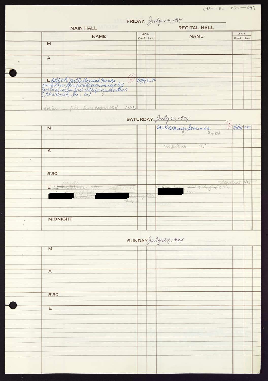 Carnegie Hall Booking Ledger, volume 39, page 97