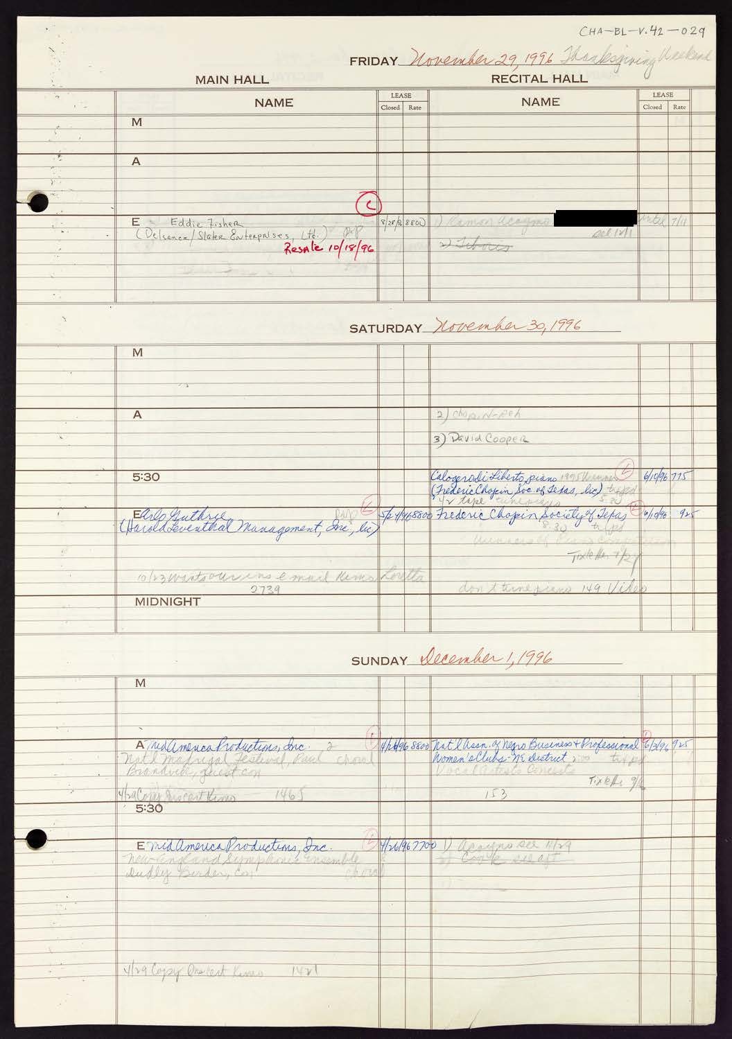 Carnegie Hall Booking Ledger, volume 42, page 29