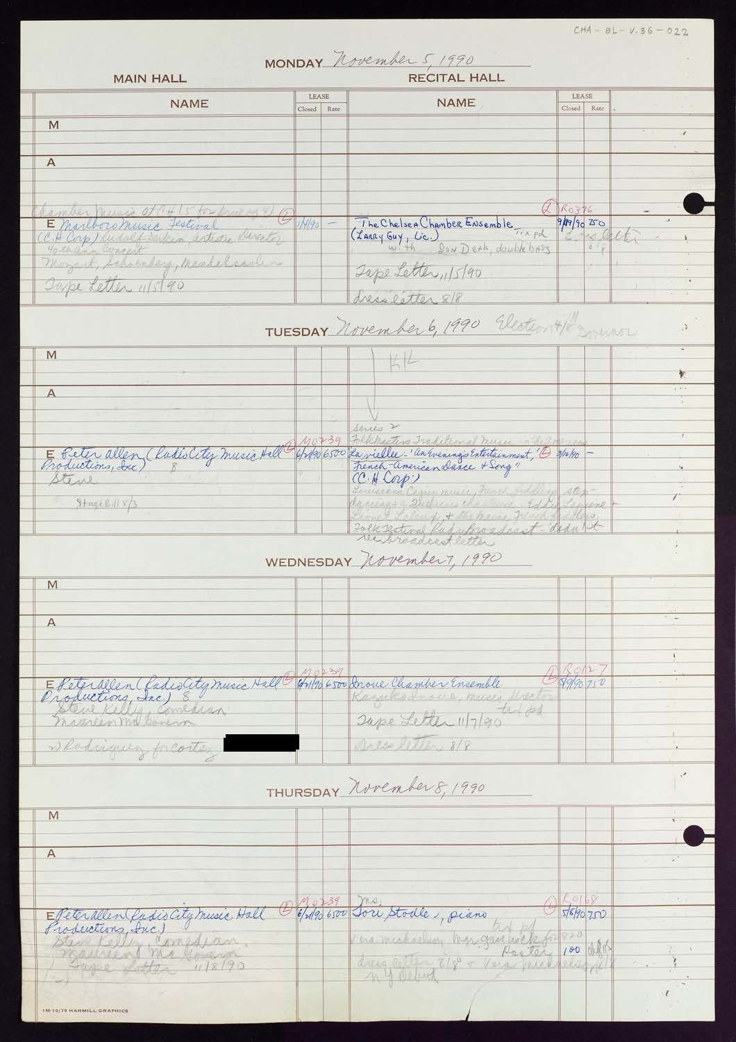 Carnegie Hall Booking Ledger, volume 36, page 22