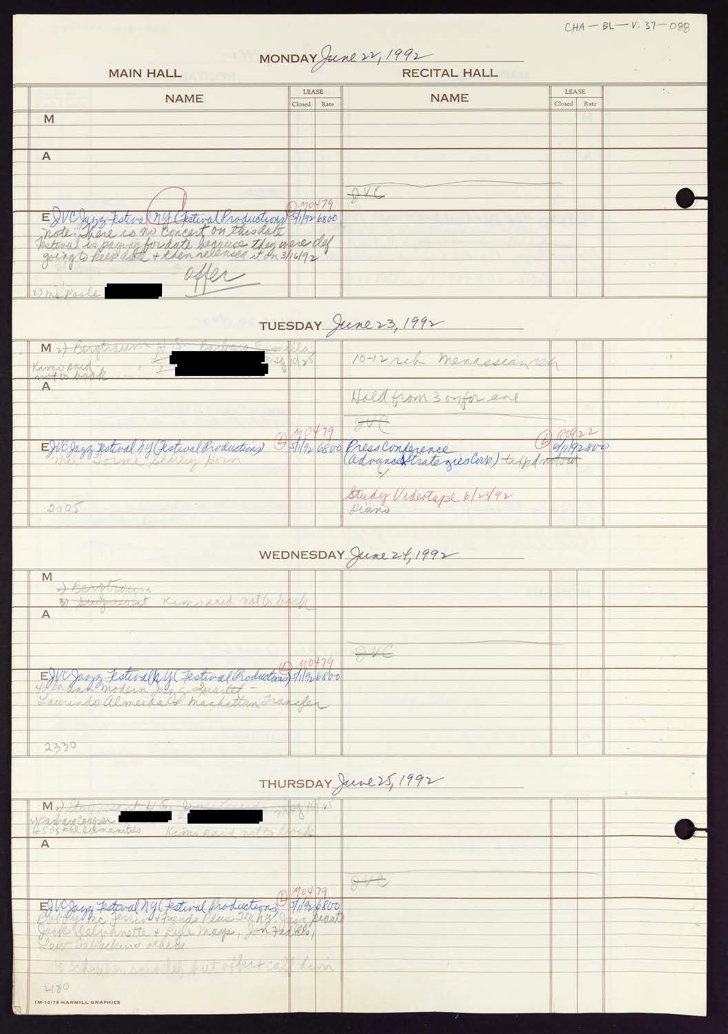 Carnegie Hall Booking Ledger, volume 37, page 88