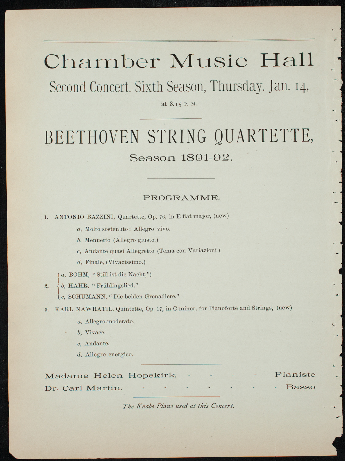 Beethoven String Quartet, January 14, 1892, program page 6