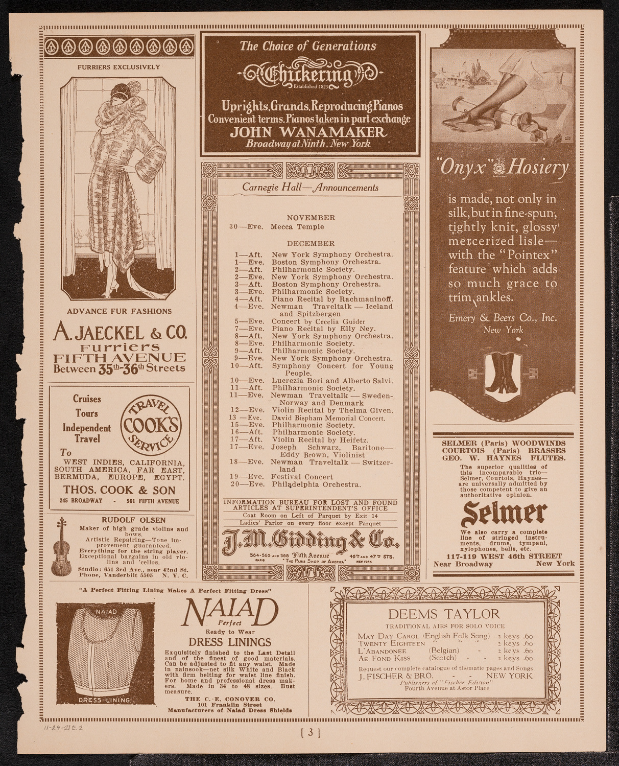 Philadelphia Orchestra, November 29, 1921, program page 3