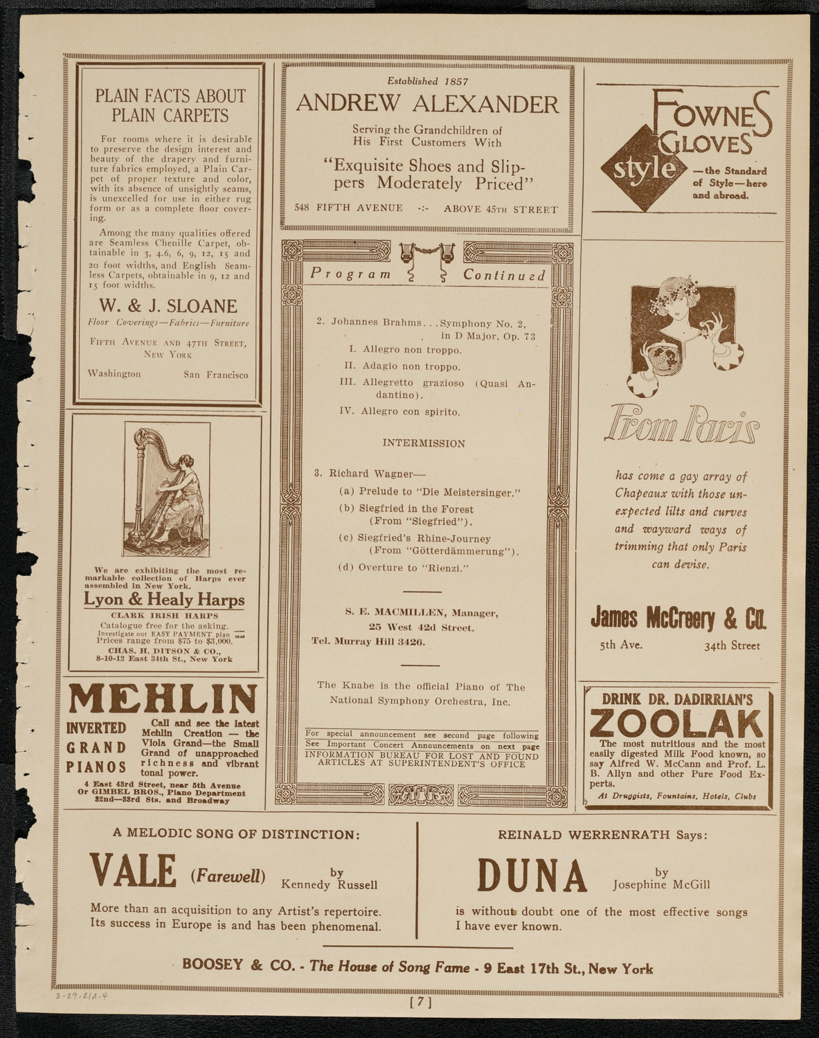 National Symphony Orchestra, March 29, 1921, program page 7