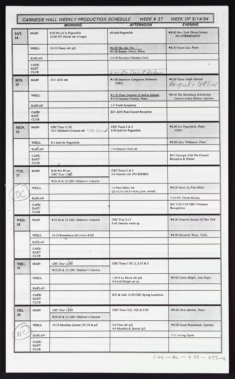 Carnegie Hall Booking Ledger, volume 39, page 77a