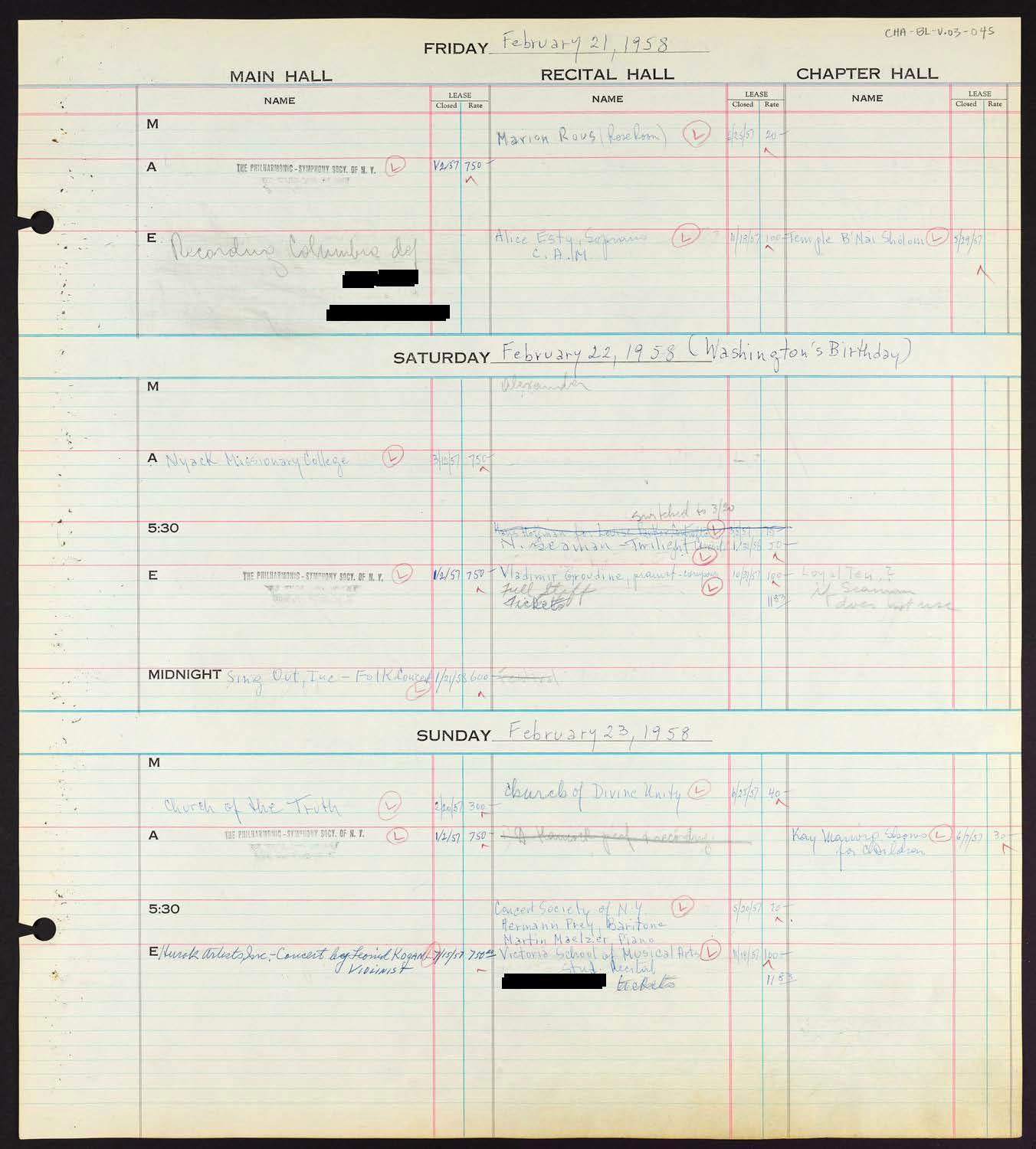 Carnegie Hall Booking Ledger, volume 3, page 45