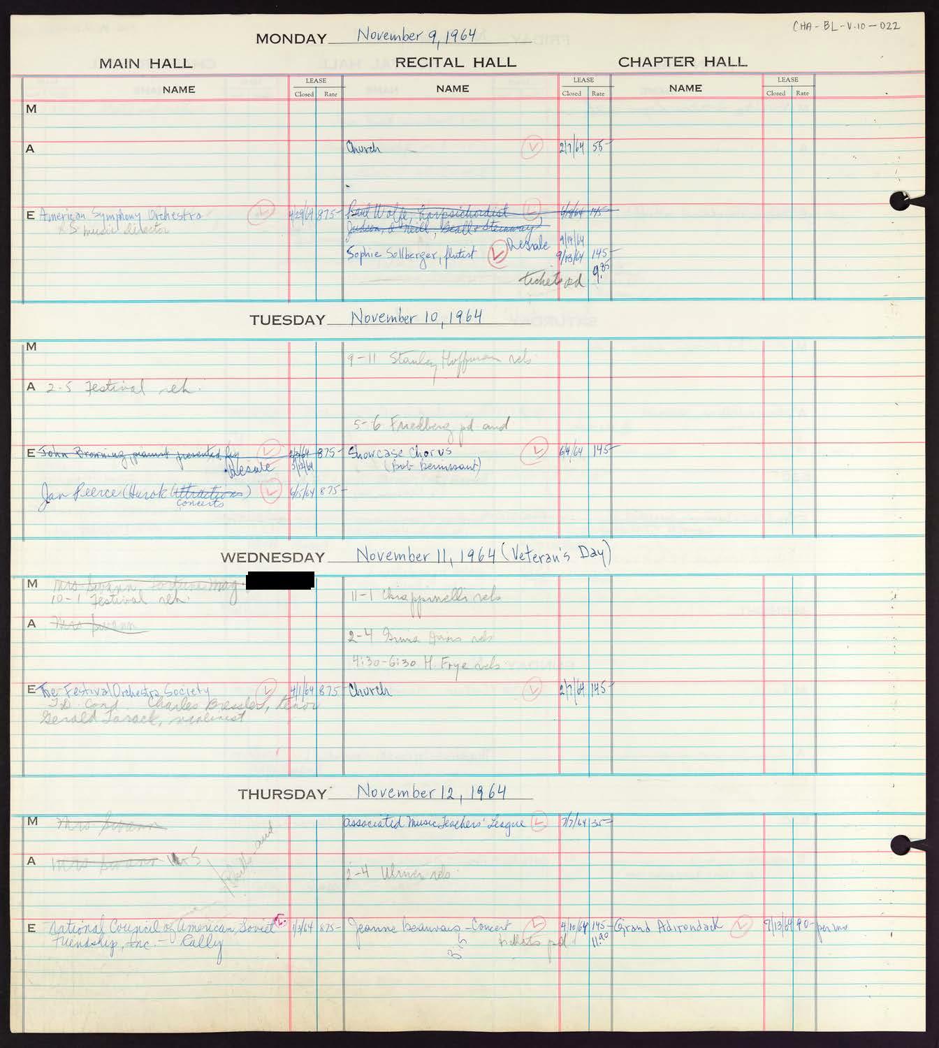 Carnegie Hall Booking Ledger, volume 10, page 22