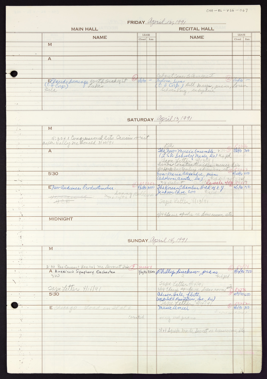 Carnegie Hall Booking Ledger, volume 36, page 67