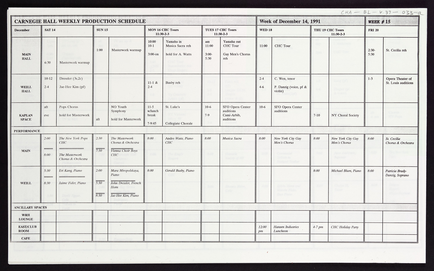 Carnegie Hall Booking Ledger, volume 37, page 33a