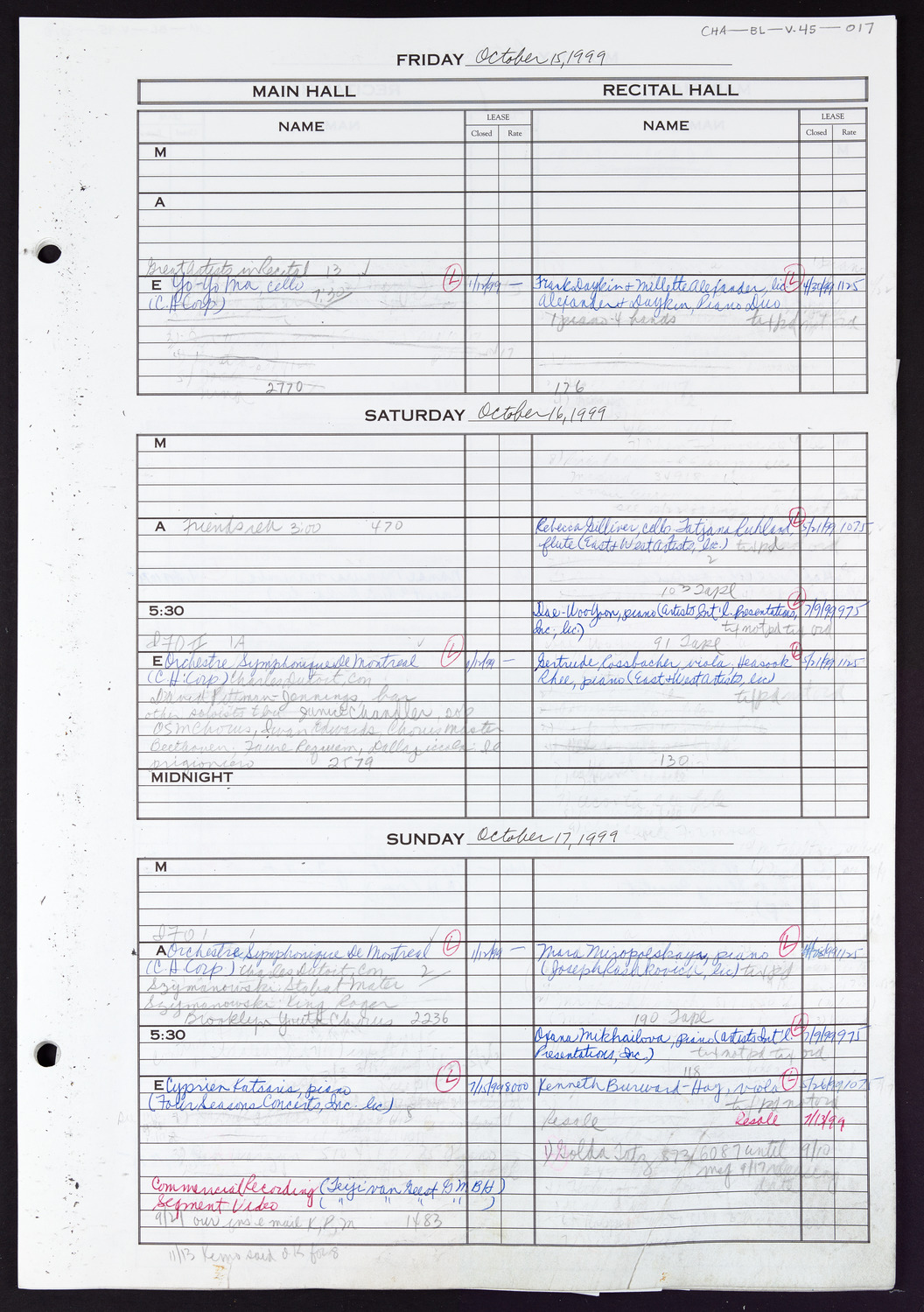 Carnegie Hall Booking Ledger, volume 45, page 17