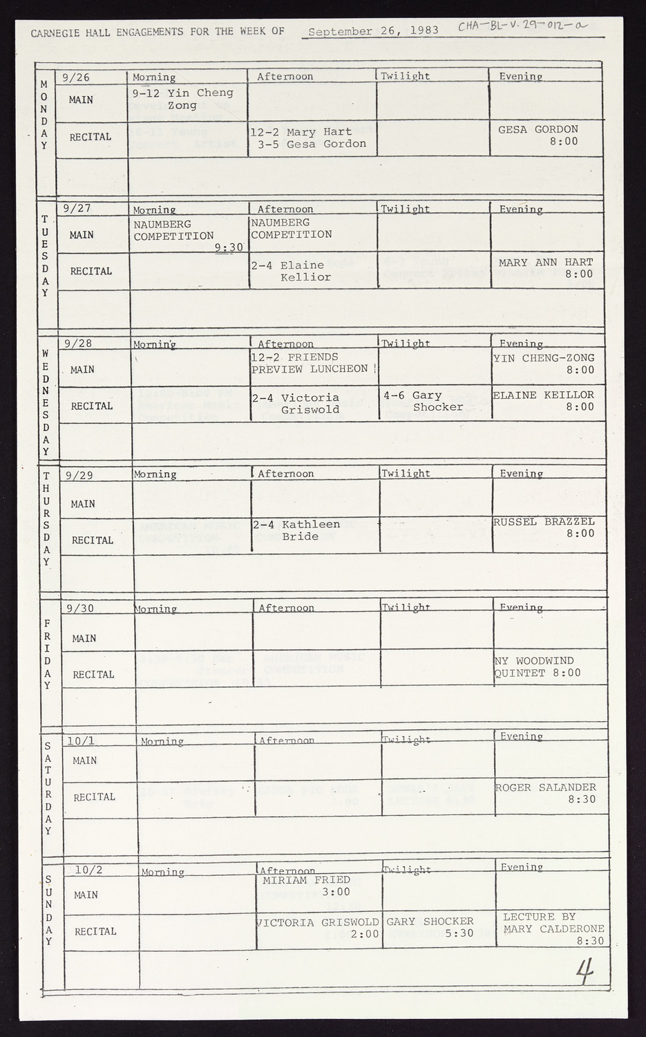 Carnegie Hall Booking Ledger, volume 29, page 12a