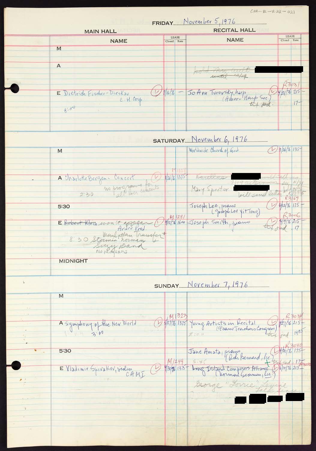 Carnegie Hall Booking Ledger, volume 22, page 21