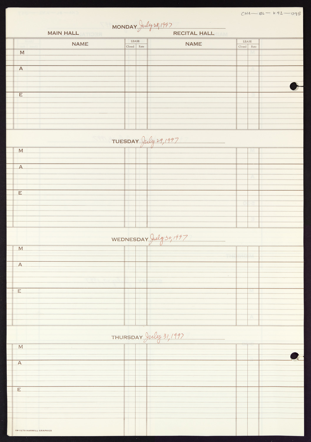 Carnegie Hall Booking Ledger, volume 42, page 98