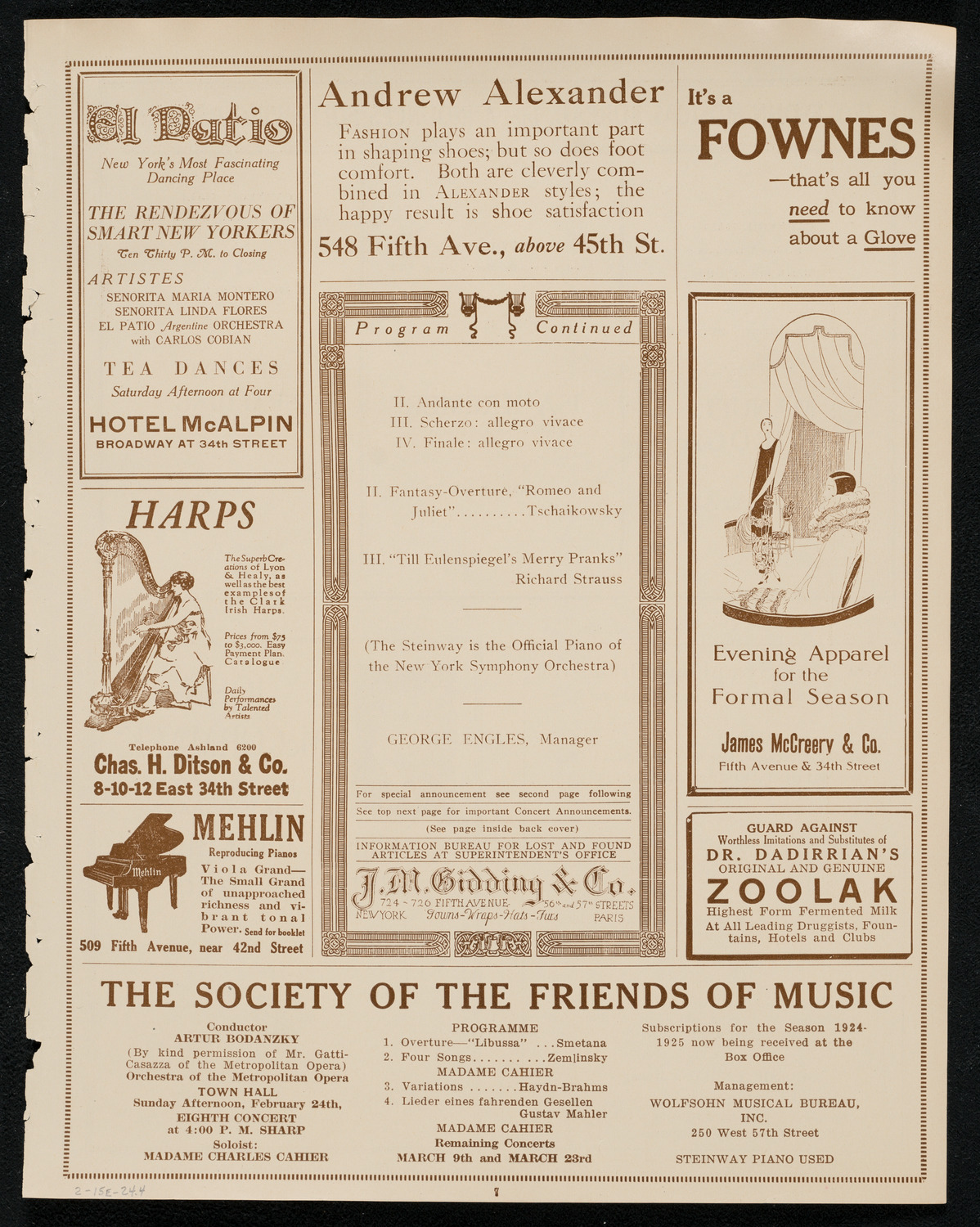 New York Symphony Orchestra, February 15, 1924, program page 7