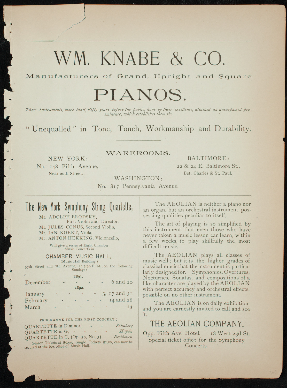 Damrosch Sunday Concert, December 6, 1891, program page 3